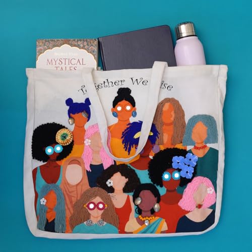 Image of picknMAKE DIY Embroidery Tote Bag for Women - Aesthetic & Stylish Office Bag with Digitally Printed Design | 18 inch x 15 inch with Zipped Pocket | Complete Kit with Wool, Needles, Sequins and Embellishments