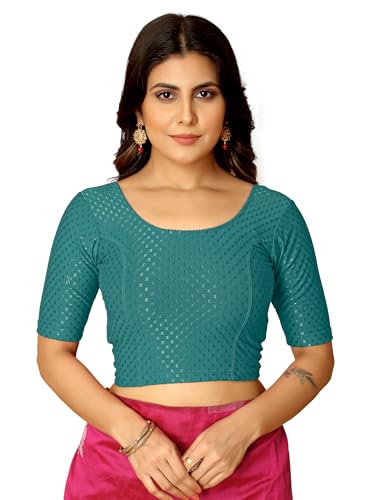 Image of Amazon Brand - Anarva Round Neck Dobby Cotton Lycra Stretchable Elbow Half Sleeve Readymade Saree Blouse for Women Stylish