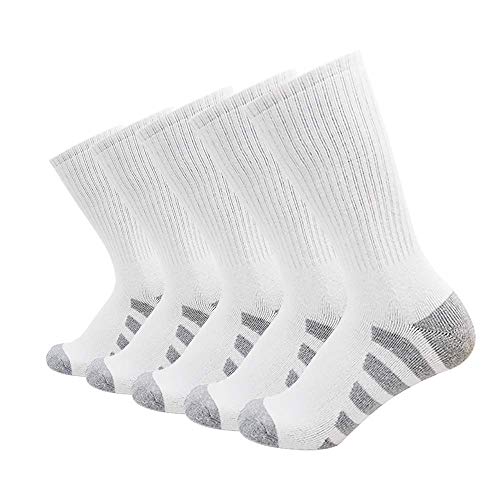 Sock Me One | Mens 10 Pack of Crew Socks. Moisture Wicking, Cotton, Thick Cushion, Quality Athletic or Work Socks (White - Grey with Stripes)