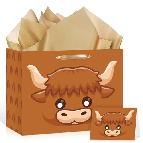Neptniopllab Highland Cow Gifts Set - Brown Cow Wrapping Paper Gift Bag with Matching Greeting Card & Tissue Paper, Highland Cow Party Favor Bag for Birthday Christmas Decor Supplies
