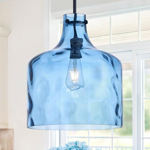 Image of 12 inch Blue Farmhouse Pendant Light, Hammered Glass, E26 Hanging Light