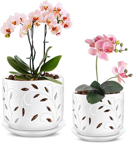 EFISPSS Ceramic Orchid Pots 5+6 Inch White with...