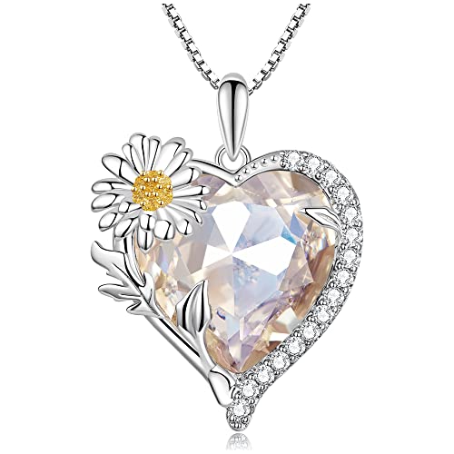 VOROCO Birthstone Necklace 925 Sterling Silver Birthday Flower Crystal Heart ...