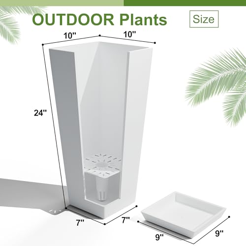 24" Tall Planters for Outdoor Plants, Set of 2 Large Outdoor Planters for Front Porch Decor with Drainage Hole, Tall Planter(White) - Image 3