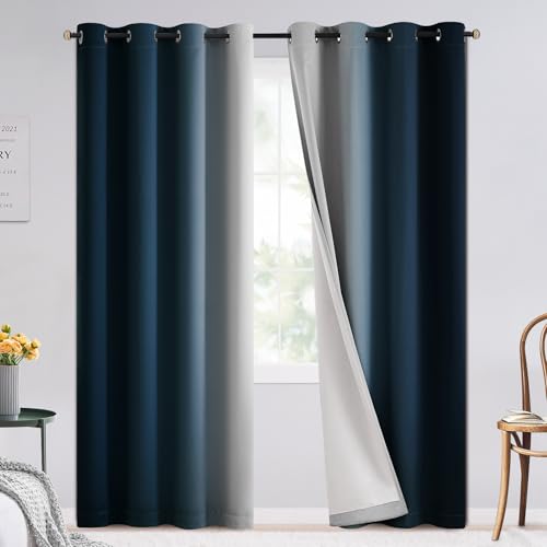 Image of SimpleHome Ombre Navy Blue 100% Blackout Bedroom Curtains White Liner 84L