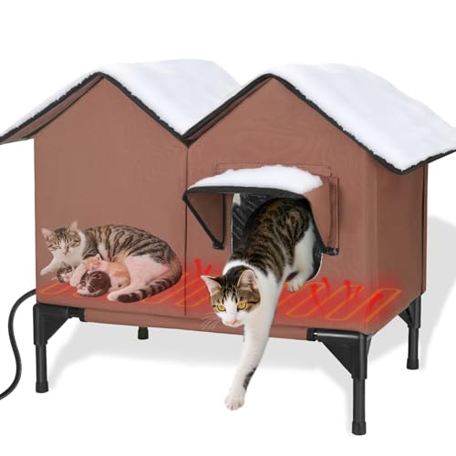 Heated Cat House for Outside Winter, Large Heated Outdoor Cat House Weatherproof, Elevated Bed, Escape Door, Insulated Outdoor Cat Shelter with Heater for Multiple Cats Feral Stray Kitty, Easy Setup