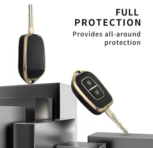 Image of TPU Car Key Cover Black & Golden Compatible for Renault Triber, Kwid, Kiger, Duster Daatsun Redi-Go (Renault & Nissan, 2 Button Remote Key New)