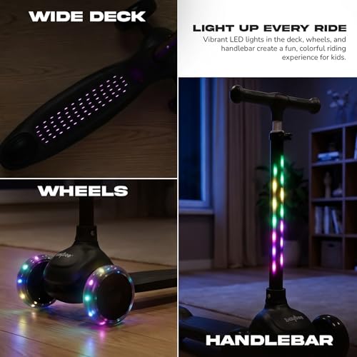 Image of Baybee Zyro Kick Scooter for Kids | 3 Wheel Kids Scooter with 3 Height Adjustable & LED Lights | Skate Scooters with Music & Foot Brake | Indoor Outdoor Toddler Scooters for 2 to 10 Years (Black)