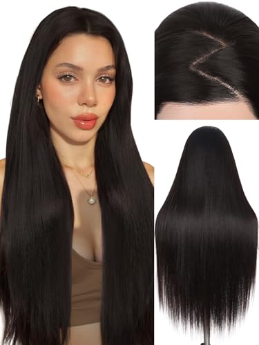 FAVE Perruque Synthétique Raide à Ligne Frontale en Dentelle 13x4 HD, Brun Foncé, Longueur 75 cm, Ligne Frontale Pré-Éclaircie, Pour Usage Quotidien, Facile pour...