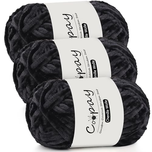 Coopay Chenille Wolle zum Häkeln - 3x100g Samtig Garn, Dicke Flauschige Weiche Plüschwolle für Decken, Schals - Schwarz
