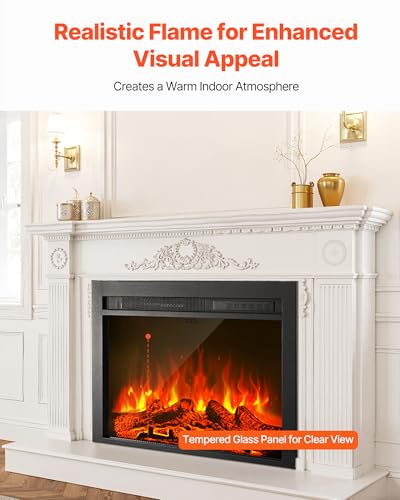 Image of VEVOR 35 Inch Electric Fireplace Insert, 5000BTU Recessed or Wall Mounted Heater Realistic Flame Colors & Adjustable Brightness, 750W /1500W Dual Heat, 8H Timer, Tempered Glass for Living & Bedroom