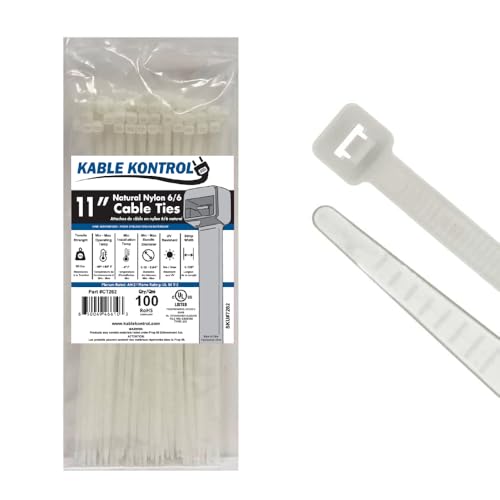 Kable Kontrol Cable Zip Ties Natural White 100 Pcs 11 Inch, 50 Lbs Tensile Strength, Self-Locking Natural Nylon Clear Plastic Wire Ties Wraps For Indoor Or Outdoor Use