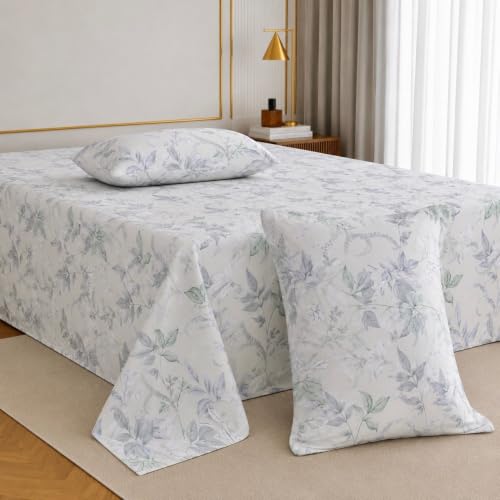 Image of Jaipur Weaves Double Bed Cotton Bedsheet Queen Size 90x100, 100% Pure Cotton Bed Sheet with 2 Pillow Covers, 240 TC Soft Breathable Floral Design - (Green Floral, Queen)