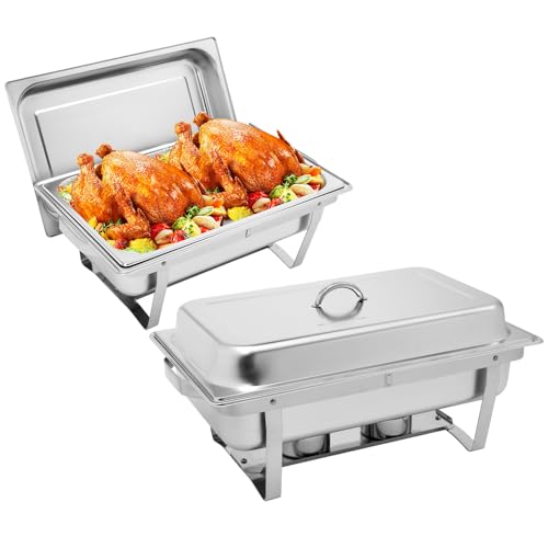 2 Pack 8 Quart Chafing Dishes for Buffet, Stainless Steel Rectangular Buffet Chafer with Foldable Frame, Safe Handles, Easy to Clean, for Catering, Weddings, Parties, 22 x 14 x 11''