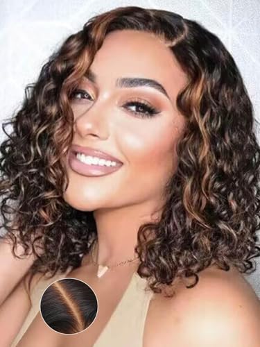Image of Sunber Ombre Brown Short Curly Bob Wig Human Hair Bye Bye Knots Glueless Wigs Pre Cut 7x5 HD Lace Closure Wig No Slip Pre Plucked Ready to Go Bob Curly Wig 8Inch