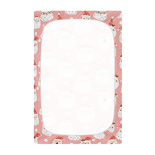 Image of Santa Pink Christmas Crib Sheets Soft Breathable Fitted Baby Playard Sheets Mattress Cover for Girl Boys, 39 inch x 27 inch x 5 inch
