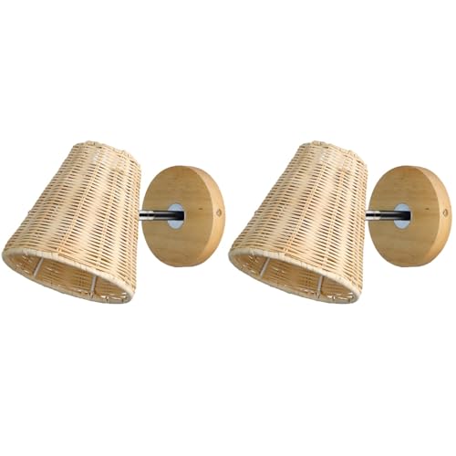 UKCOCO 2 Piezas Aplique Tejido Enchufar Apliques De Pared Interior Apliques De Iluminación De La Pared Lámpara De Pared De Ratán Luces De La Pared Del Dormitorio Metal Accesorio Mimbre