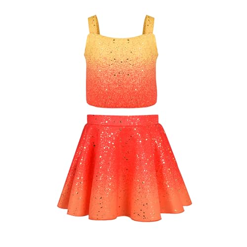 Image of Girls Sparkly 2 Pieces Outfit Kids Crop Top and Skirt Set Music Party Costume Birthday Gift