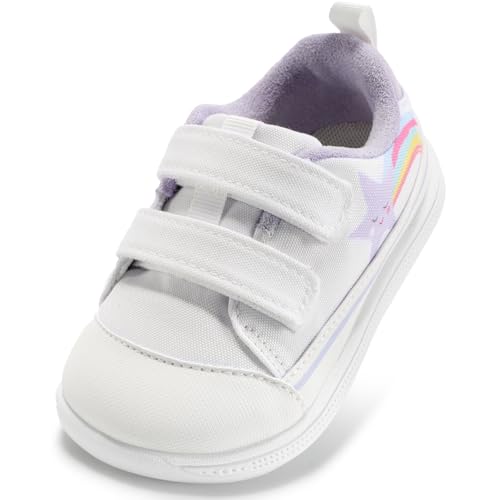 STQ KIDS Wide Toe Box Girls Sneakers Dual Hook-and-Loop Toddler Barefoot Canvas Shoes Lightweight Girl First Walking School Kindergarten Shoe with Rainbows White Purple Toddler Size 9