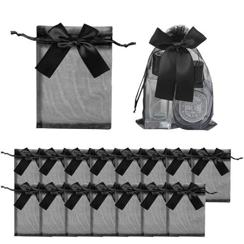 CALLYSONIC Lot de 15 sachets en organza - 10 x 15 cm - Petits sacs avec cordon de serrage et nœud papillon tendance - Noir 1
