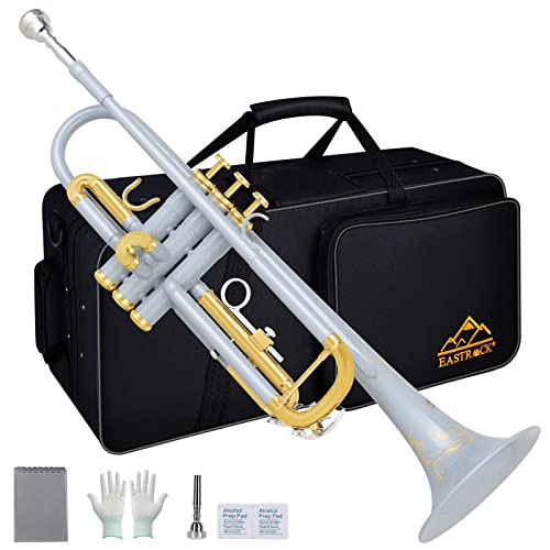 Eastrock Bb Trumpet Standard Trumpet Set With Carrying Case,Gloves, 7C Mouthpiece, Cleaning Kit, Tuning Rod, Gray (Hand Carved Craft) #TOP27