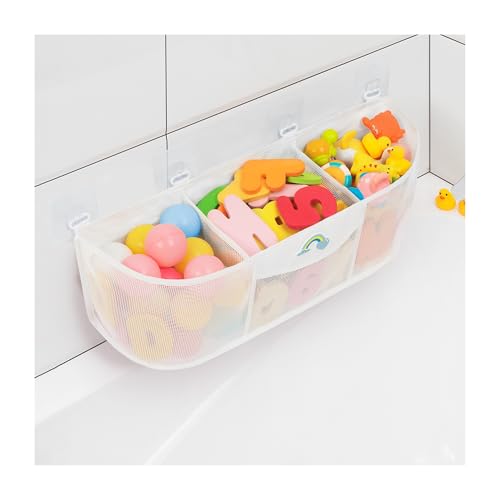 Austion Shallow Pockets Easy Access Bath Toy Storage Organizer, 3 Compartment Large Capacity Categorized Bath Tub Toy Holder, Mesh Bath Tub Toy Storage Organizer for Tub to Help Toys Dry