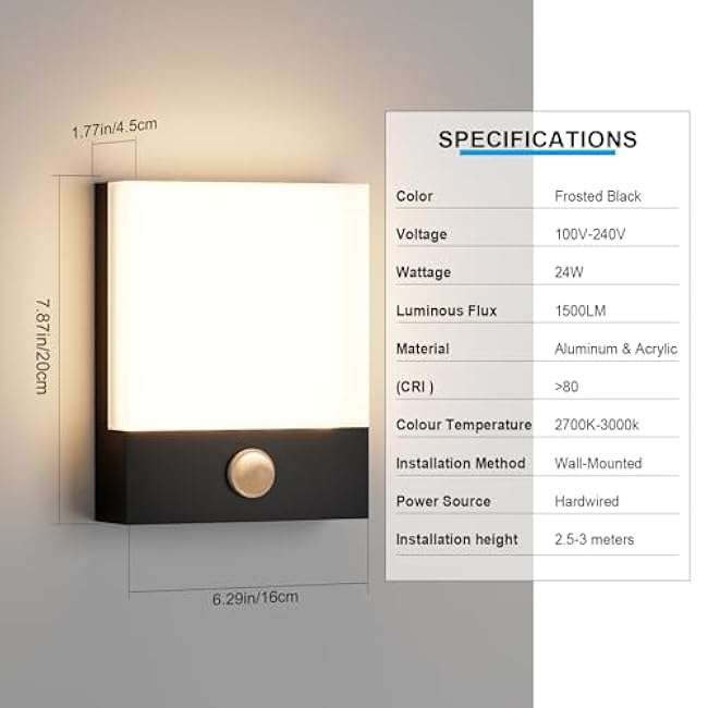2-Pack Modern Outdoor Led Wall Light with Motion Sensor,24W 3000K Wall Porch & Patio Lighting,IP65 Waterproof Hardwired Exterior Aluminum Wall Lamp for House Yard Hallway Garden Garage(Black)