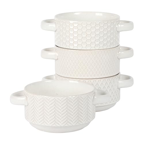 Image of Gibson Elite Oyster Tide Embossed 6 Inch Soup Bowls with Handles. French Onion Soup Crocks, Stackable Soup Bowl, Chili, Beef Stew Reactive Glaze Stackable Ceramic Bowl, Set of 4, White