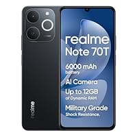 realme Note 70T Smartphone, 4+64GB, Batteria di lunga durata da 6.000 mAh, Protezione ArmorShell™, Spessore di soli 7,94 mm, Fino a 4+8 GB di RAM dinamica, NEXT AI, Caricabatterie non incluso, Nero