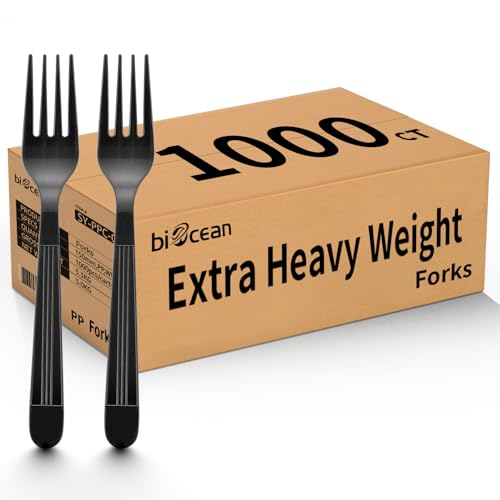 1000 Count Extra Heavy Duty Plastic Forks Black Disposable Forks Premium Bulk Plastic Forks Heavy Duty Plastic Silverware for Parties Family Gatherings