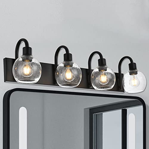 Image of 4-Lights Bathroom Vanity Light Fixtures with Seeded Glass Lampshades Black Industrial Wall Lighting for Over Mirror