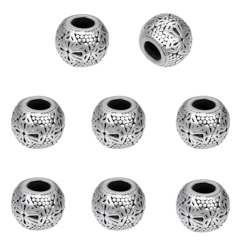 UNICRAFTALE About 8Pcs 304 Stainless Steel Round European Beads Antique Silver Rondelle with Cross Large Hole Spacer Beads Parachute Cord Beads for Hair Beard Bracelets Jewelry Making 13.5mm Diameter