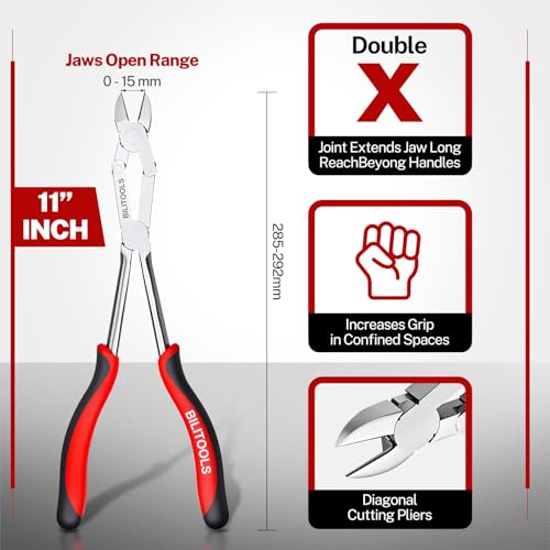 Image of BILITOOLS 11 inch Extra Long Diagonal Cutting Pliers, Double Joint | Long Reach Side Cutters With Cr-V Steel Jaws And Soft Grip Handles For Wire, Cable Ties And Tight Spaces