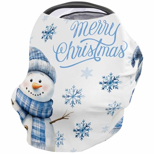 Nursing Cover for Breastfeeding Scarf, Christmas Winter Blue Snowflakes Snowman Baby Car Covers Super Soft Multi Use for Canopy Shopping Cart Cover Blanket Stroller Cover