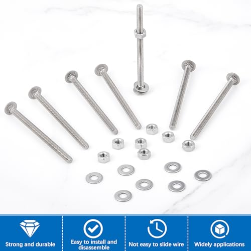 Image of Zonon 50 Sets 1 /4-20 x 4 Stainless Steel Carriage Bolts and Nuts Kit Round Head Square Neck Carriage Bolts Screws and Hex Nuts and Flat Washers, Stainless 18-8 Full Thread Coverage (Silver)