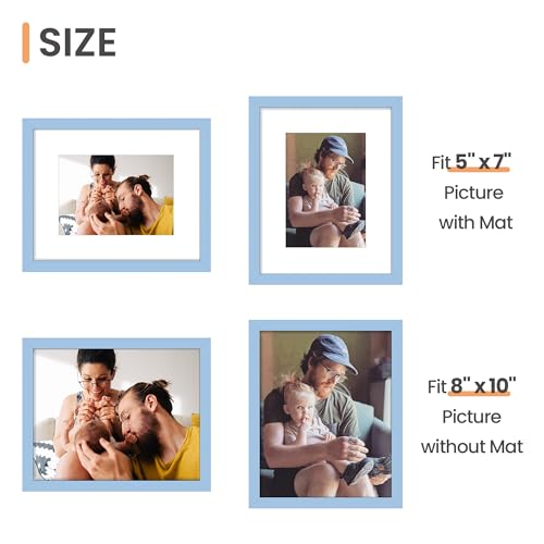 Image of upsimples 8x10 Picture Frame, Display Pictures 5x7 with Mat or 8 x 10 Without, Wall Hanging Photo Frames, Blue, 1 Pack