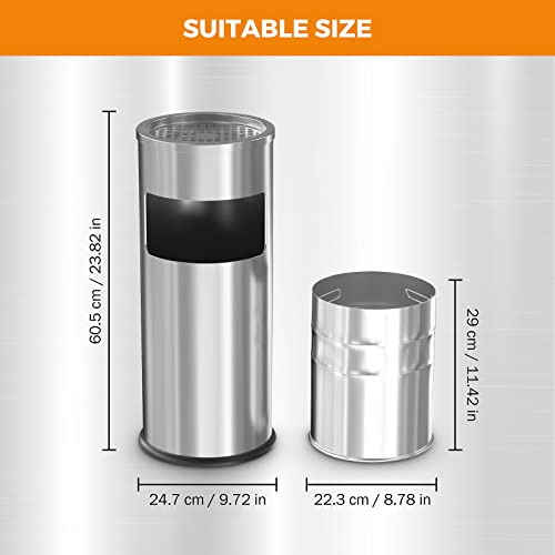 BEAMNOVA Trash Can with Lid Outdoor Indoor Stainless Steel Commercial Garbage Bin Waste Container for Patio Yard Garage with Inside Barrel, Metallic, 9.8 in x 24 in (D * H)