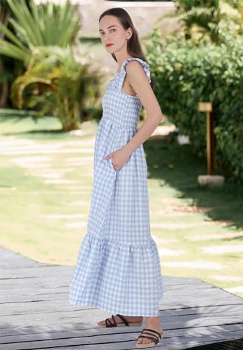 Image of chouyatou Women's Retro Plaid Smocked Dress Spaghetti Strap Flounce Long Dress