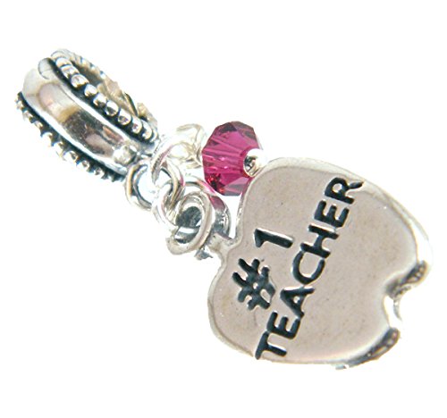 #1 Teacher w Rose Crystal Sterling Silver Dangle Charm