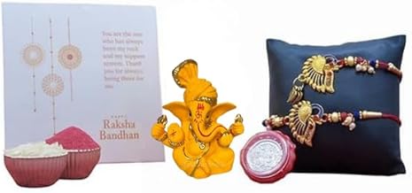 Gold Art India Ganesha & Free Rakhi Gift for Brother Rakhi Combo Set for Bhaiya and Lumba for Bhabhi with Roli and chawal, Silver Plated Coin,Greeting Card,