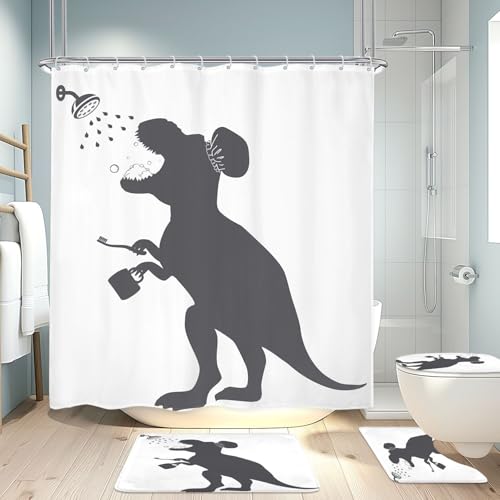 Image of 4PCS Kids Dinosaur 71Wx71H Inches Funny Animal Dino Silhouette Shadow Shower Curtain Sets with Rugs, Toilet Lid Cover and Bath Mat, Cute Bath Accessories Art Home Decor Fabric 12 Pack Hooks