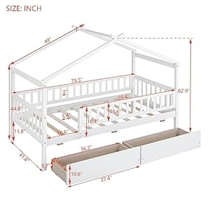 Twin Size Wooden House Bed with Two Storage Drawers for Kids, Wood Platform Bed Frame with Fence, Roof, and Safety Guardrail for Kids, Teens, Girls, Boys, White Twin Size Wooden House Bed with Two Storage Drawers for Kids Wood Platform Bed Frame with Fence Roof and Safety Guardrail for Kids Teens Girls Boys White