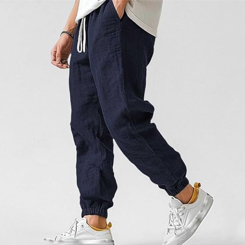 Finelylove Mens Cotton Linen Pants Casual Elastic Waist Drawstring Yoga Joggers Summer Vacation Beach Pants Tapered Trousers2