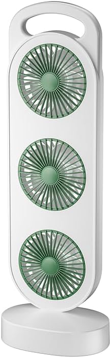 Ventilador de torre portátil con 3 turbinas, modo brisa natural, alimentado por USB, blanco y verde