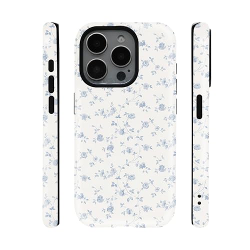 qizjio Vintage Blue Rose Floral Aesthetic Phone Case, Shockproof Protective Cover for iPhone 13 Pro