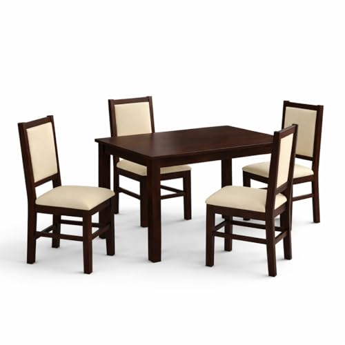 Image of SONA ART & CRAFTS Cresta Solid Sheesham Wood Dining Table Set of 4 Seater Dinner Dinning Table with 4 Cushion Chair Dining Furniture for Living Room Home Hotel Office Self Assembly (Walnut Finish)