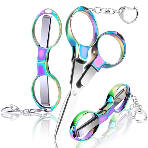 3 Pcs Folding Stainless Steel Portable Mini Badge Scissors with 3 Keychains Safety Foldable Pocket Travel Small Scissors All Purpose for Nurse Accessories Travel Office Craft Sewing Home (Color)