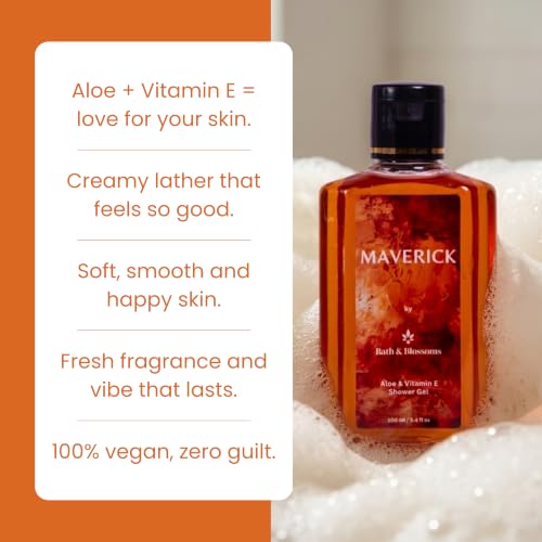 Image of Bath & Blossoms Maverick Shower Gel | Warm Citrus & Spice Fragrance | Rich Foaming Lather | Aloe Vera & Vitamin E | Gentle Moisturising formula suitable for all skin types | Vegan & 100% Paraben Free | Premium Body Care