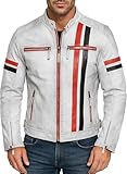 UGFashions Mens Vintage Cafe Racer Retro White Motorcycle Red Black Stripes Biker Cowhide Leather Jacket