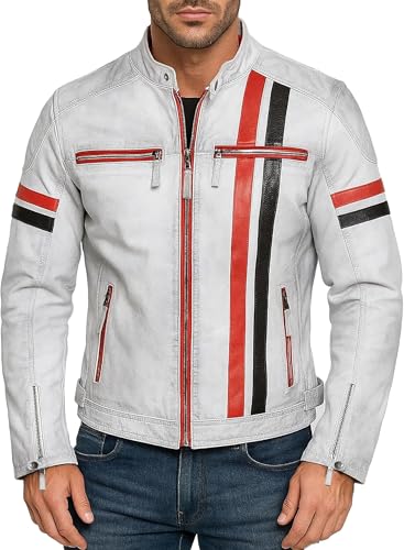 Image of Mens White Cafe Racer Style Cowhide Leather Vintage Biker Jacket | Retro Fashion Red Black Stripes with Snap Tab Collar Motorcycle Coat
